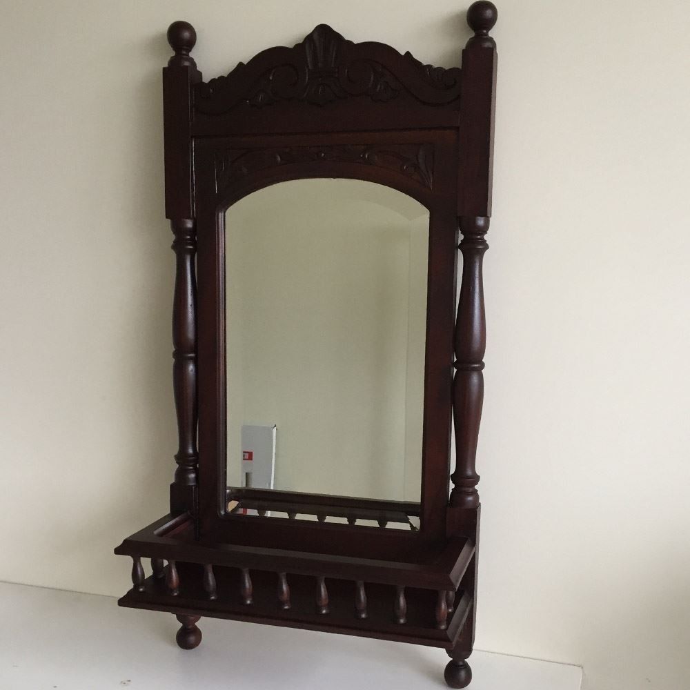 Solid Mahogany Wood Shelf Wall Mirror Hand Crafted Antique Style
