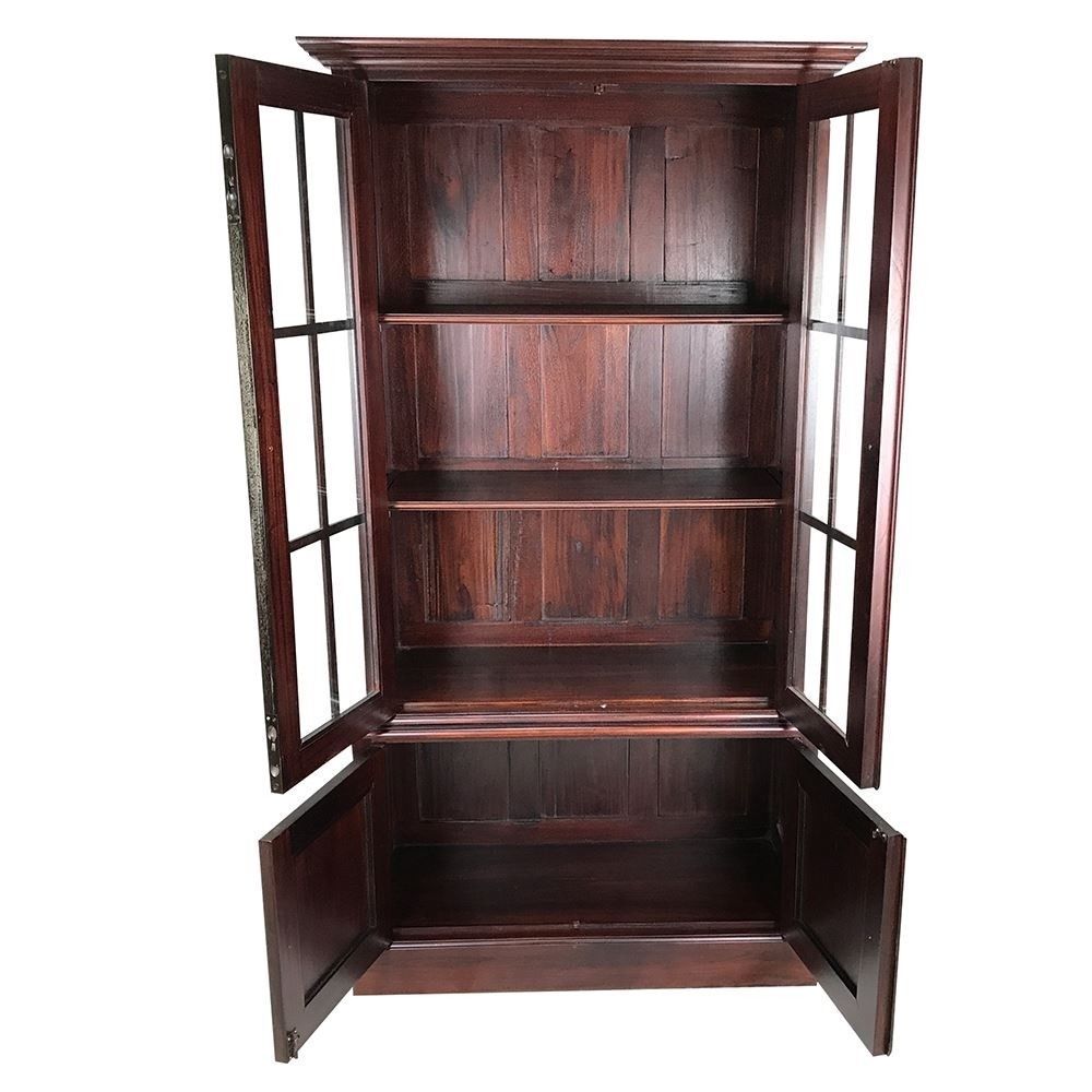 Solid Mahogany Wood Bookcase with Glass Doors and Cupboard ...