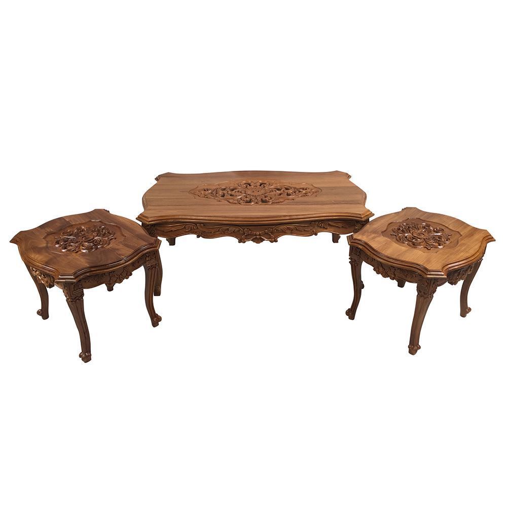 Solid Teak Wood Hand Carved Coffee Table Set Antique ...