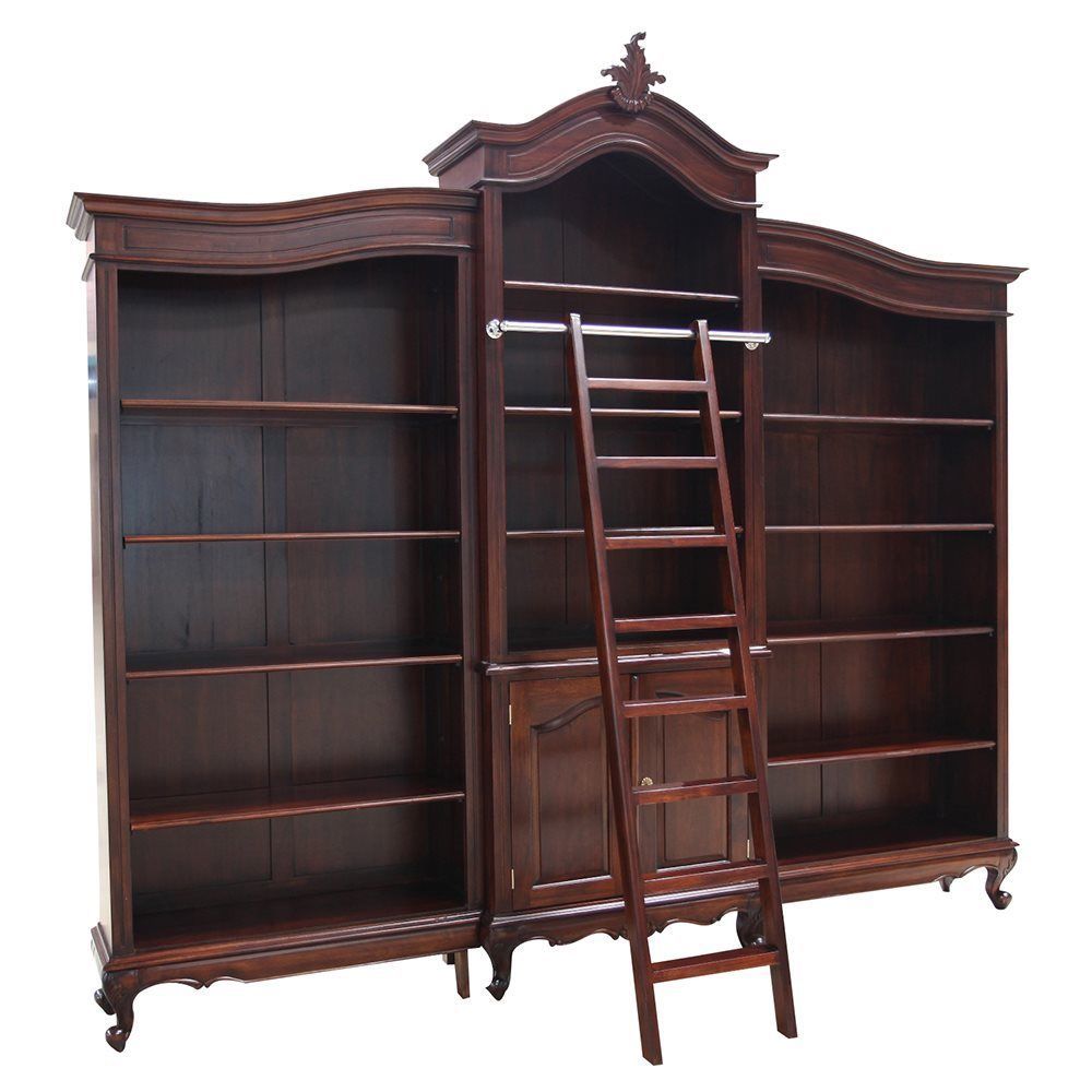 Solid Mahogany Wood Large Bookshelf With Ladder Antique Design