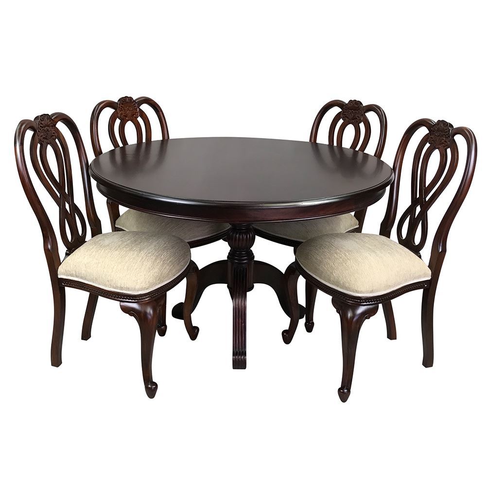 Solid Mahogany Wood Round Dining Table 125cm with 4 Chairs Circle