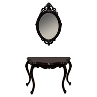 Solid Mahogany Wood Serpentine Hall Table & Carved Oval Mirror