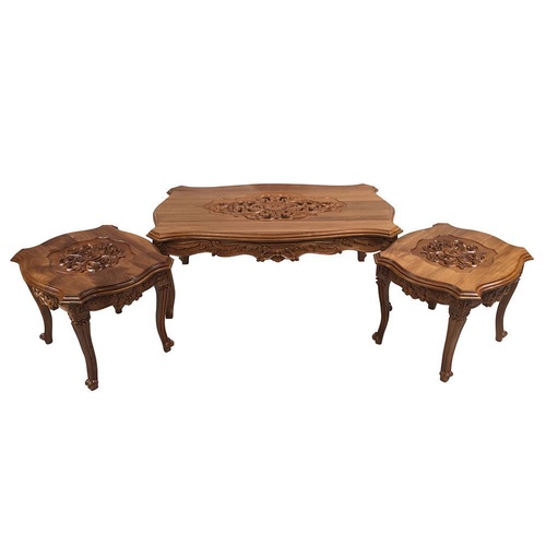 Solid Teak Wood Hand Carved Coffee Table Set Antique Reproduction Louis Style