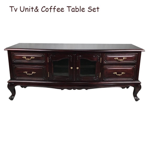 Solid Mahogany Wood Hand Carved TV Cabinet & Coffee Table Set