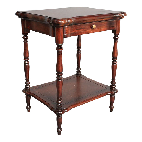 Solid Mahogany Wood 2 Tier Side Table with Drawer and Shelf