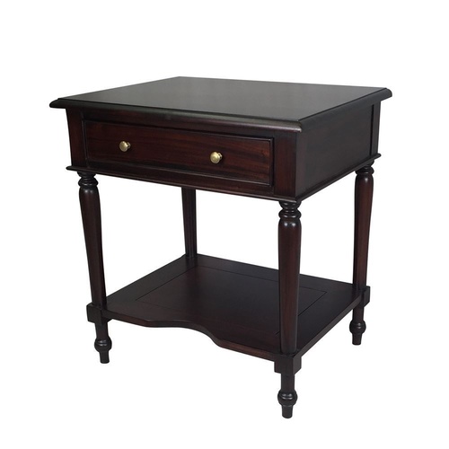 Solid Mahogany Wooden Side Table with Drawer and Shelf Whatnot