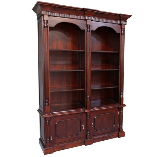 Solid Mahogany Wood Colonial Bookshelf with 8 Shelves and 2 Cupboards 