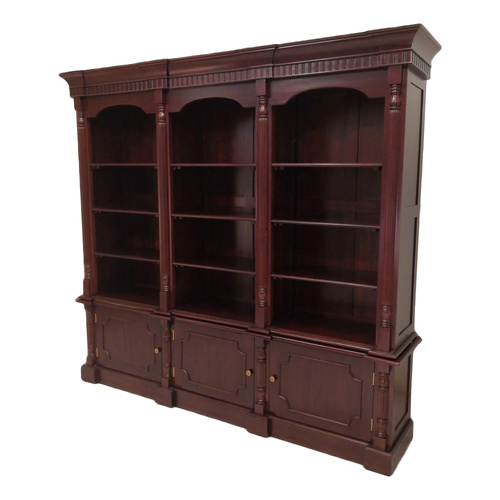 Solid Mahogany Wood Colonial 3 Bay Bookshelf with 12 Shelves and 3 Cupboards