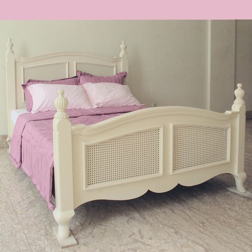 French Provincial Style Double Bed with Rattan Design in White