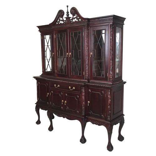 Solid Mahogany Wood Chippendale Reproduction 4 Door Display Cabinet / Buffet