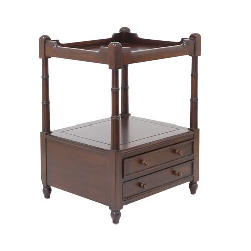 Solid Mahogany Wooden Side Table with double Drawers and Shelf 