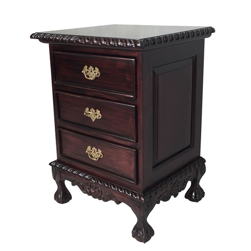 Solid Mahogany Wood Chippendale Reproduction 3 Drawers Bedside Table