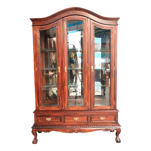 Solid Mahogany Large Chippendale 3 Doors Display Cabinet Antique