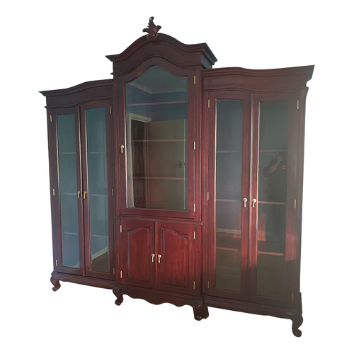 Solid Mahogany Wood Large French Provincial Bookshelf with Glass Doors