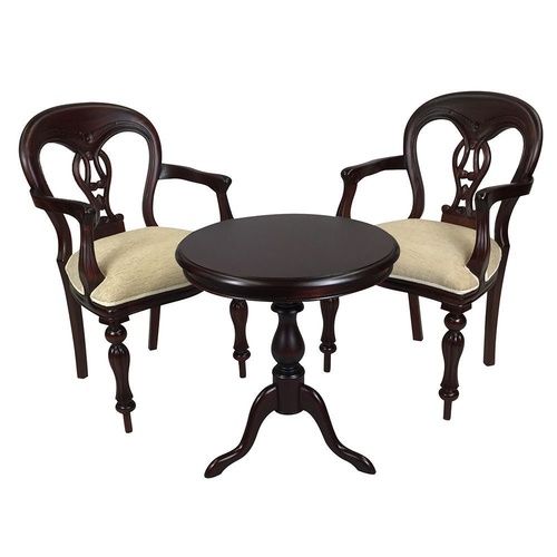 Solid Mahogany Wood Round Table Set with 2 Fiddle Back Arm Chairs