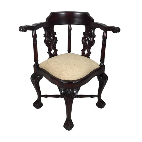 Solid Mahogany Wood Chippendale Style Upholstered Corner Arm Chair