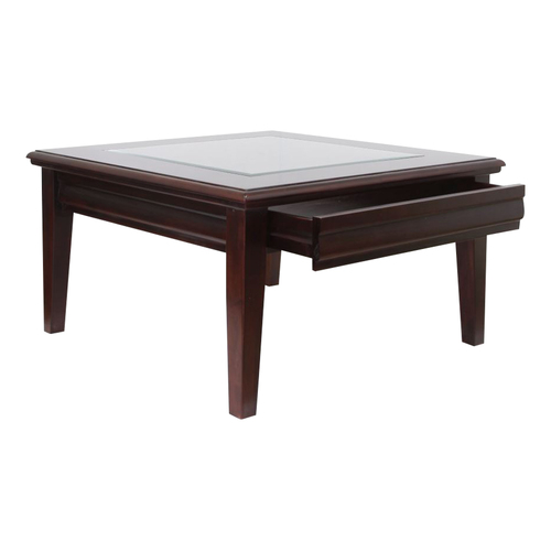 Solid Mahogany Wood Square Coffee Table With Display Drawer & Glass Top