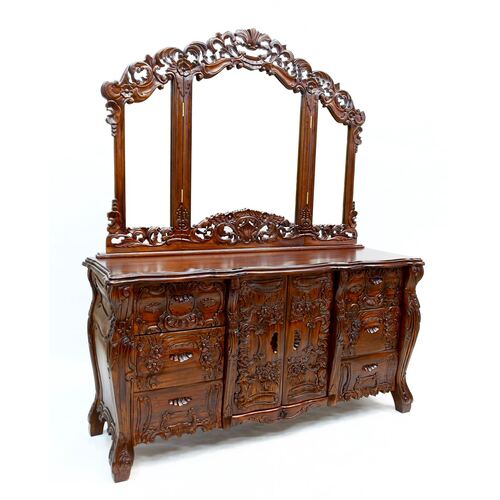 Antique Style Solid Mahogany Wood Rococo Dresser and Mirror