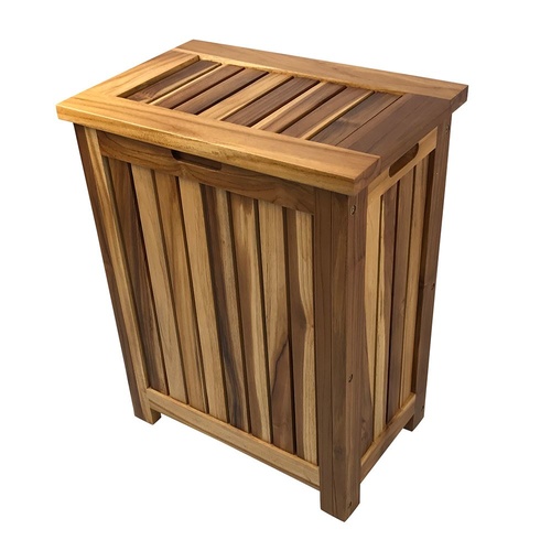 Solid Teak Wood Hamper Laundry Bathroom Swimming Pool Spa Basket With 2 Sections & Lid