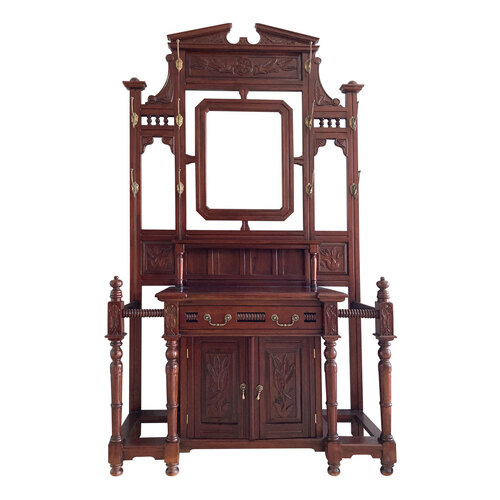 Solid Mahogany Wood English Reproduction Hall Stand with Cupboard & Drawer