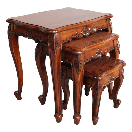 Solid Mahogany Wood Carved French Nest / Side Table