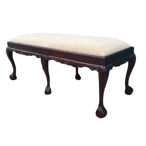 Solid Mahogany Wood Antique Reproduction Chippendale Style Upholstered Bedroom Stool
