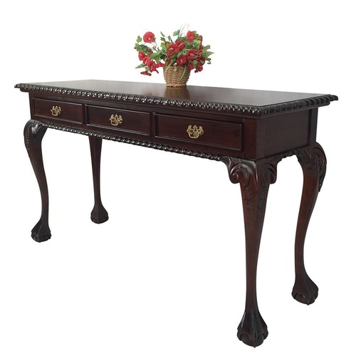 Solid Mahogany Wood Chippendale Reproduction Hall Table With 3 Drawer 