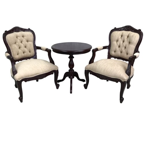 Solid Mahogany Wood Table Set with 2 French Sofa Chairs SPECIAL