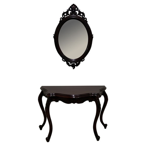 Solid Mahogany Wood Serpentine Hall Table & Carved Oval Mirror