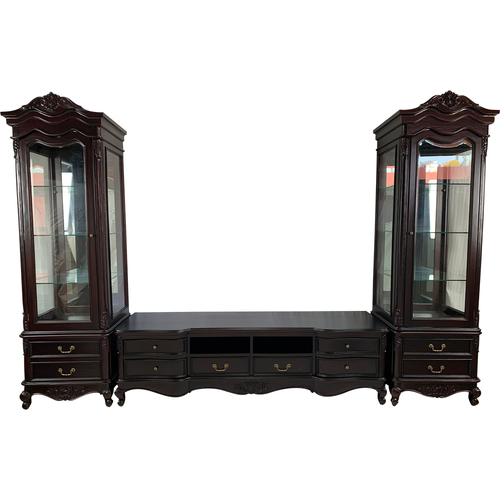 Solid Mahogany Wood French Wall Tv Unit With Glass Cabinets